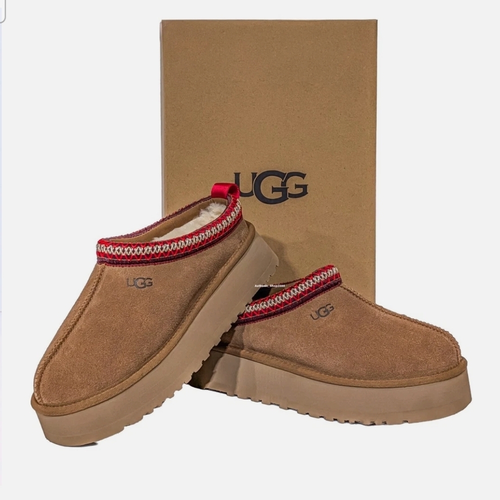 UGG Tazz Suede Slippers In Chestnut with Red Trim NWT/NIB